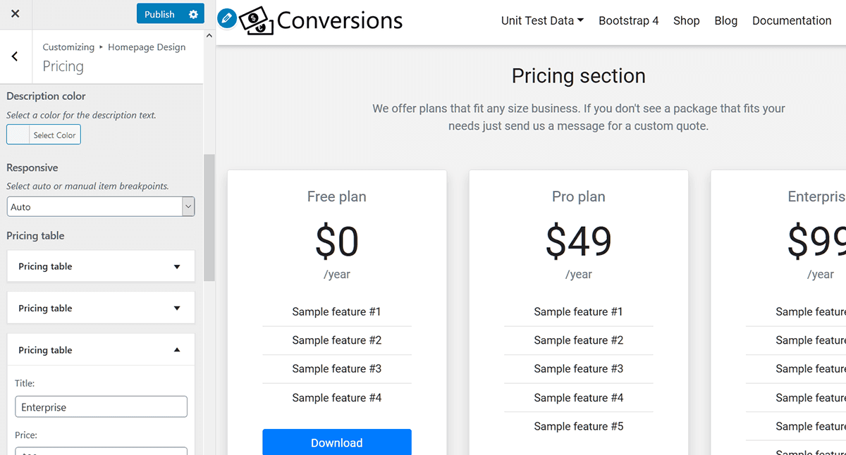 homepage pricing section