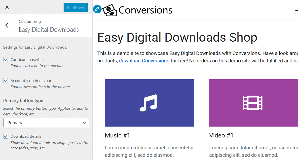 Easy Didital Downloads customizer