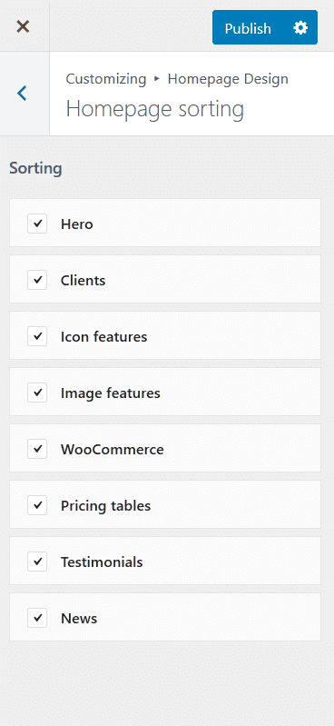 homepage sorting customizer